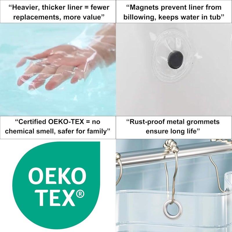 RELY+ + Shower Curtain Liner 72 x 72 | Heavy Clear PEVA, 90 GSM Premium Thickness | Waterproof, Odour-Free, Rustproof Grommets, 3 Magnetic Weights, Eco-Friendly, Standard Fit - Image 3